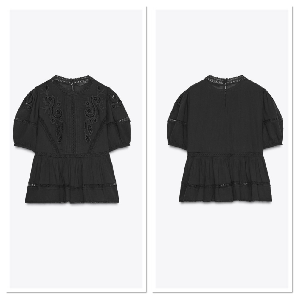 Zara Round Neck Short Sleeve Embroidered Romantic Blouse Top Sz:L Black - Picture 4 of 9